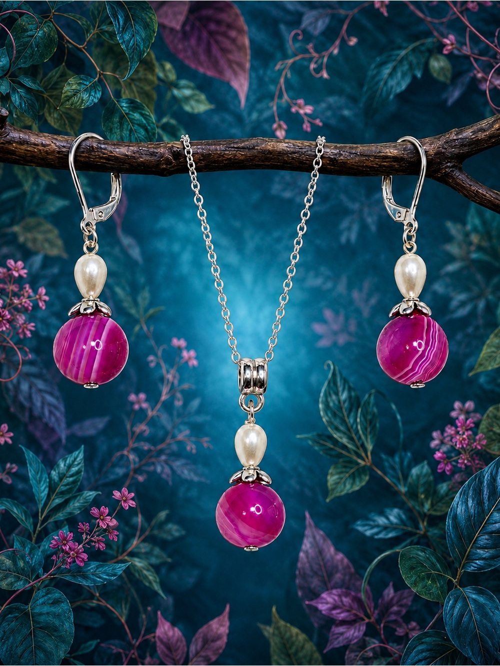 Pink Agate & Freshwater Pearl Artisan Jewelry Necklace and Earrings Set